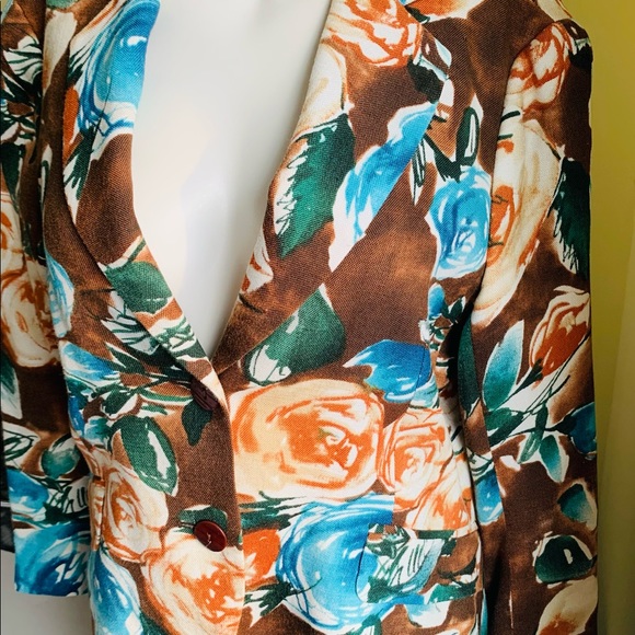 Zara Floral Short Blazer bright Orange & Blue Roses Pattern double collar US 10 - Picture 5 of 10